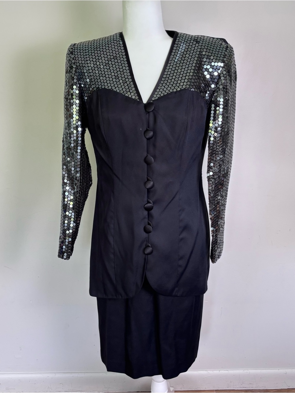 VTG 80s J.R. Nites Black Sequin Formal Skirt  & Jacket Set-Sz 7/8-2 Pc-Evening